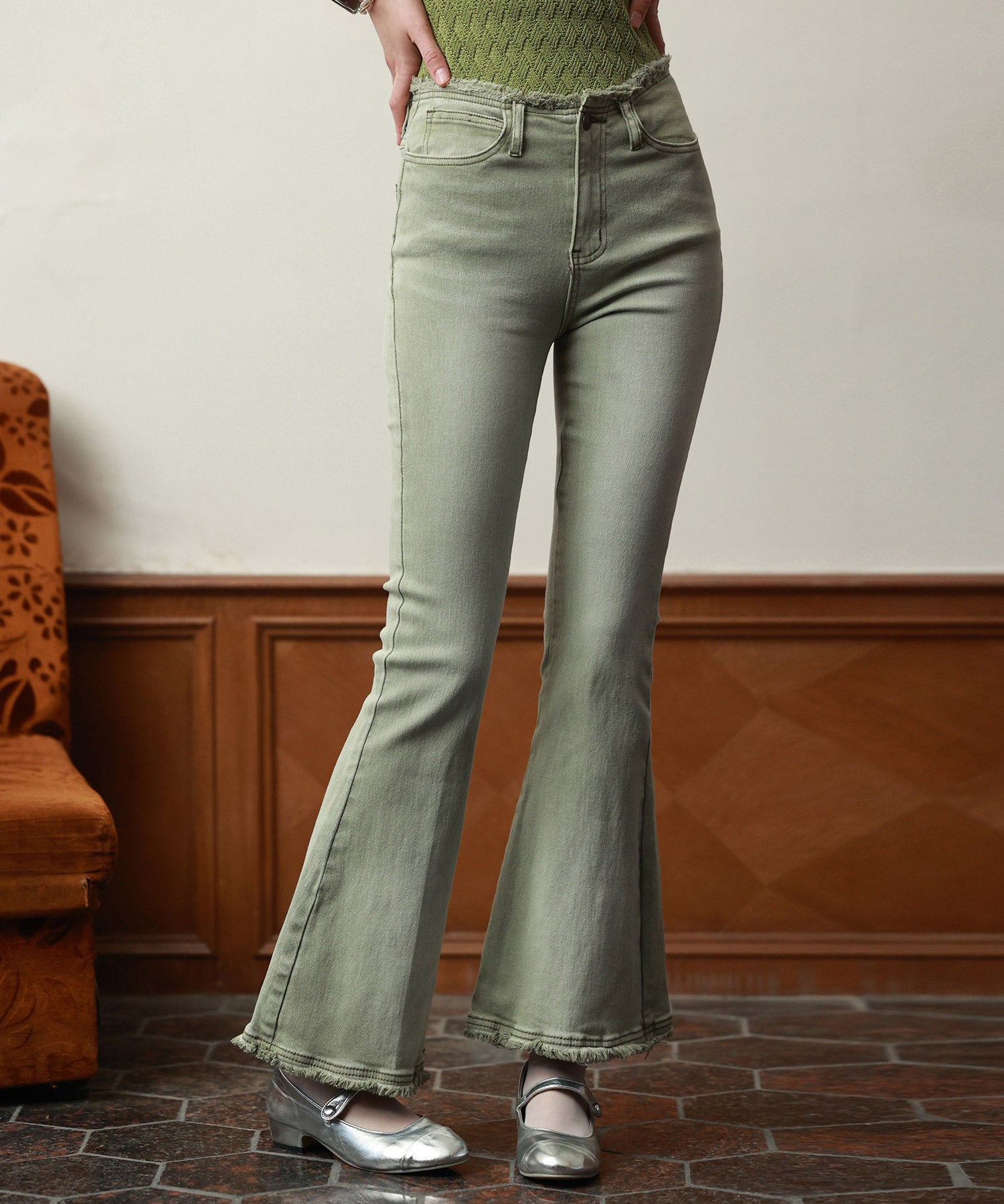 ハイライズフレア裾フリンジデニムパンツsdpald12 グリーン