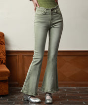 ハイライズフレア裾フリンジデニムパンツsdpald12 グリーン