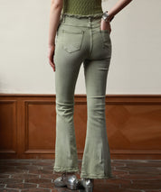 ハイライズフレア裾フリンジデニムパンツsdpald12 グリーン