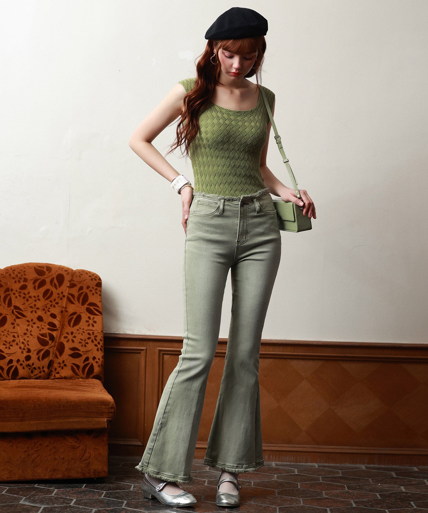 ハイライズフレア裾フリンジデニムパンツsdpald12 グリーン