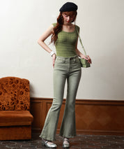 ハイライズフレア裾フリンジデニムパンツsdpald12 グリーン