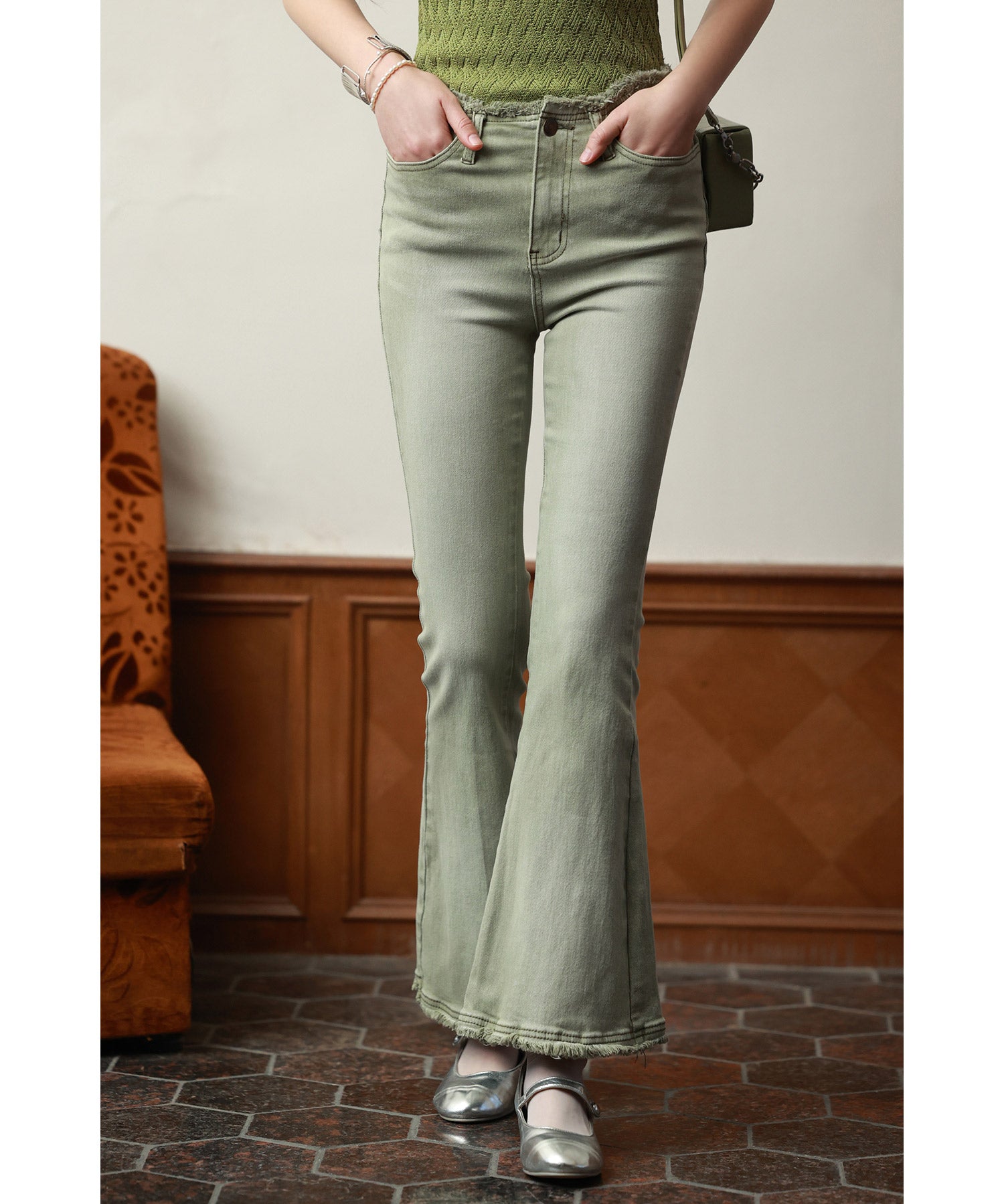 ハイライズフレア裾フリンジデニムパンツsdpald12 グリーン