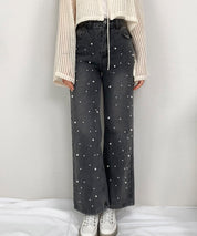パール装飾ハイウエストデニムパンツsdpald28 ブラック
