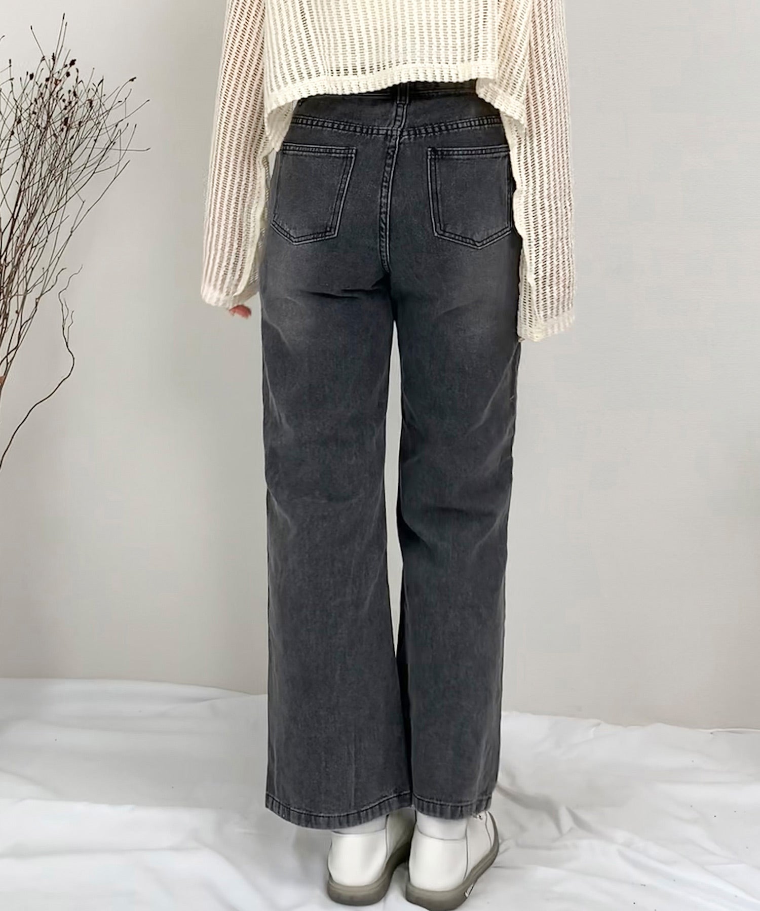 パール装飾ハイウエストデニムパンツsdpald28 ブラック