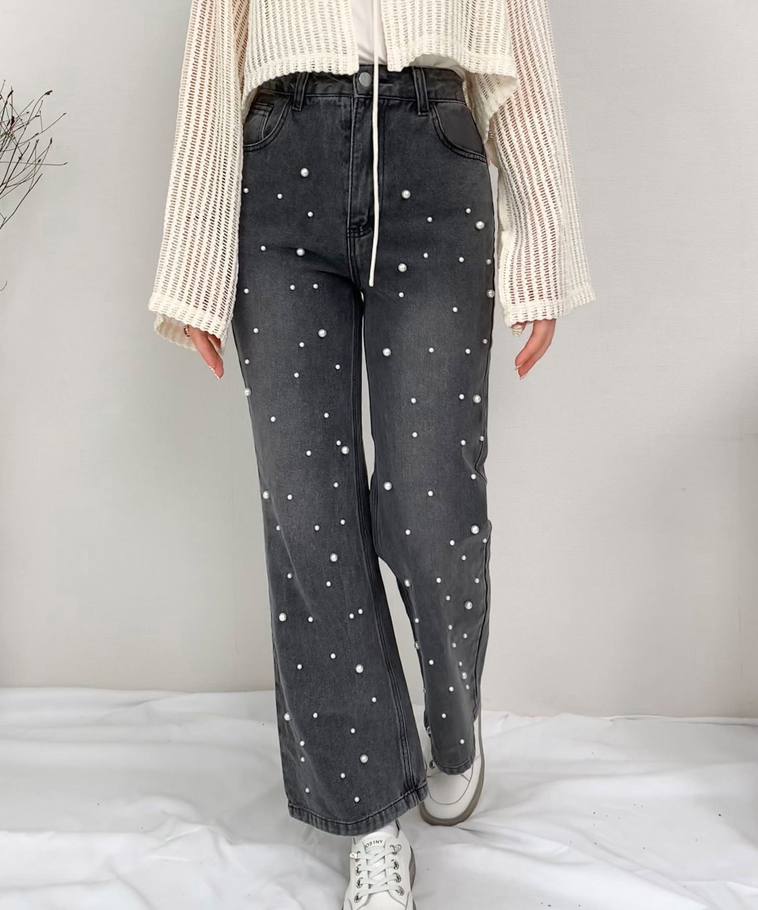 パール装飾ハイウエストデニムパンツsdpald28 ブラック
