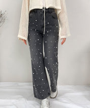 パール装飾ハイウエストデニムパンツsdpald28 ブラック