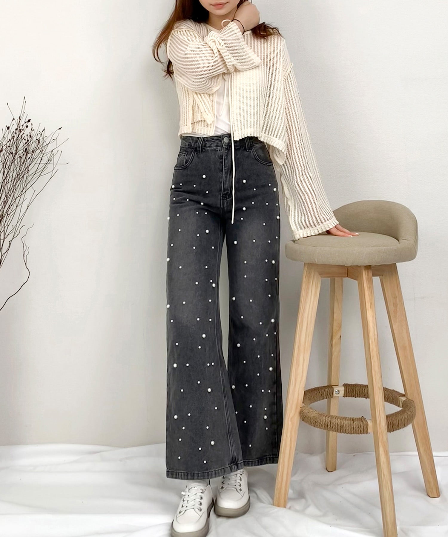 パール装飾ハイウエストデニムパンツsdpald28 ブラック