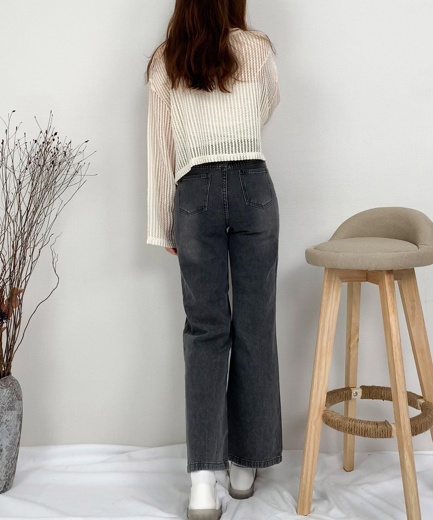 パール装飾ハイウエストデニムパンツsdpald28 ブラック