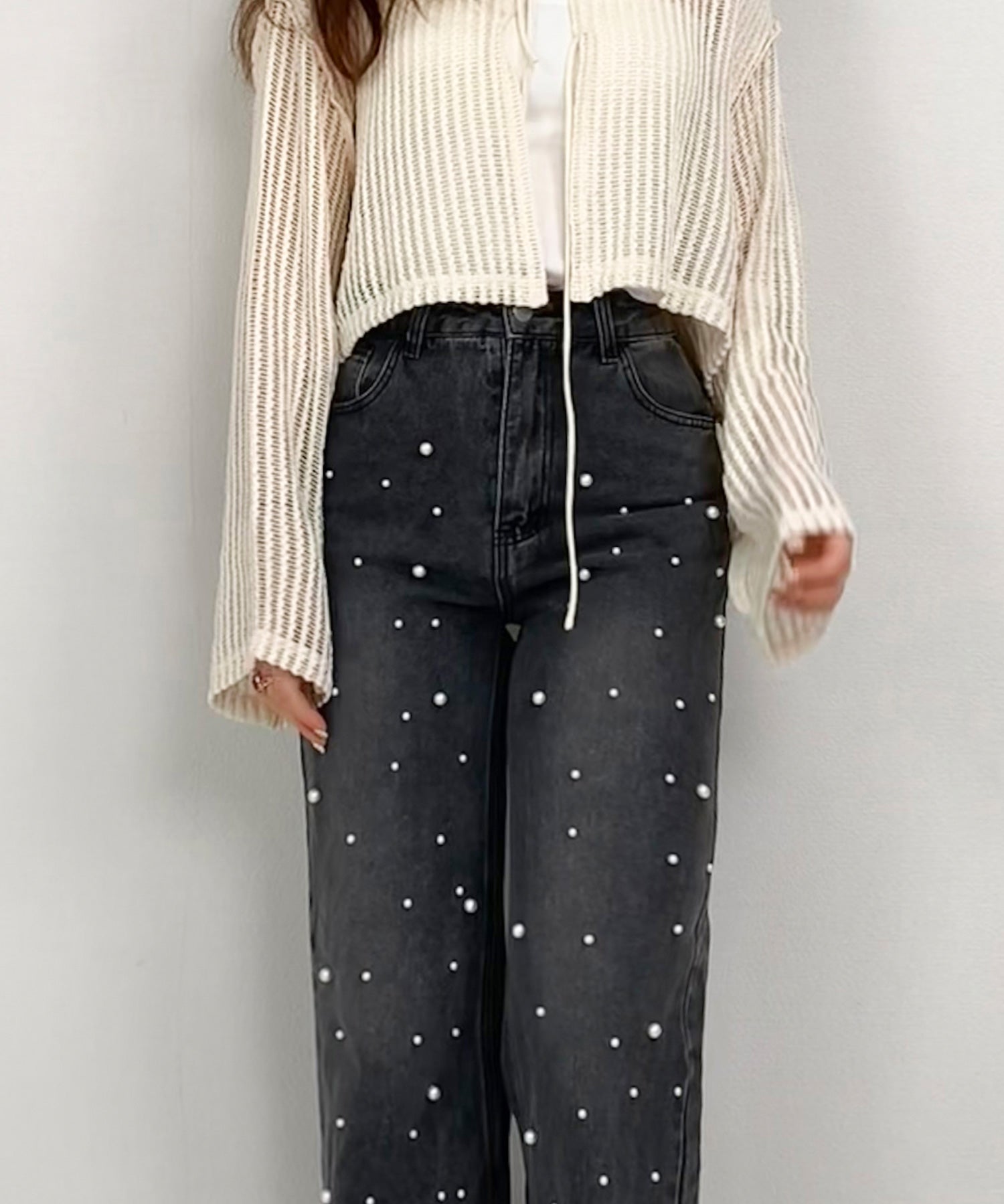 パール装飾ハイウエストデニムパンツsdpald28 ブラック