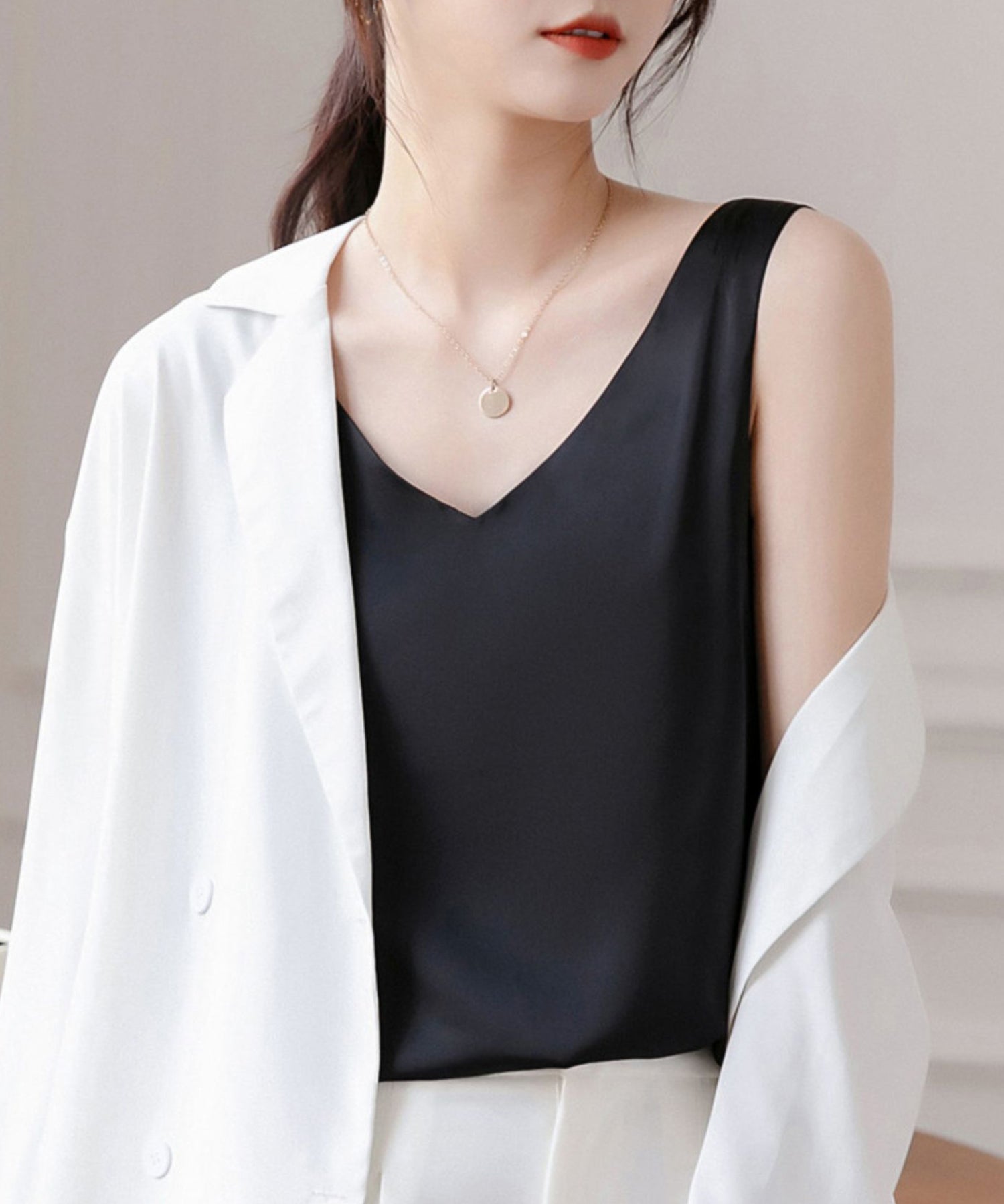 シルクタッチ光沢感ノースリーブトップスsdpalrd09 ブラック