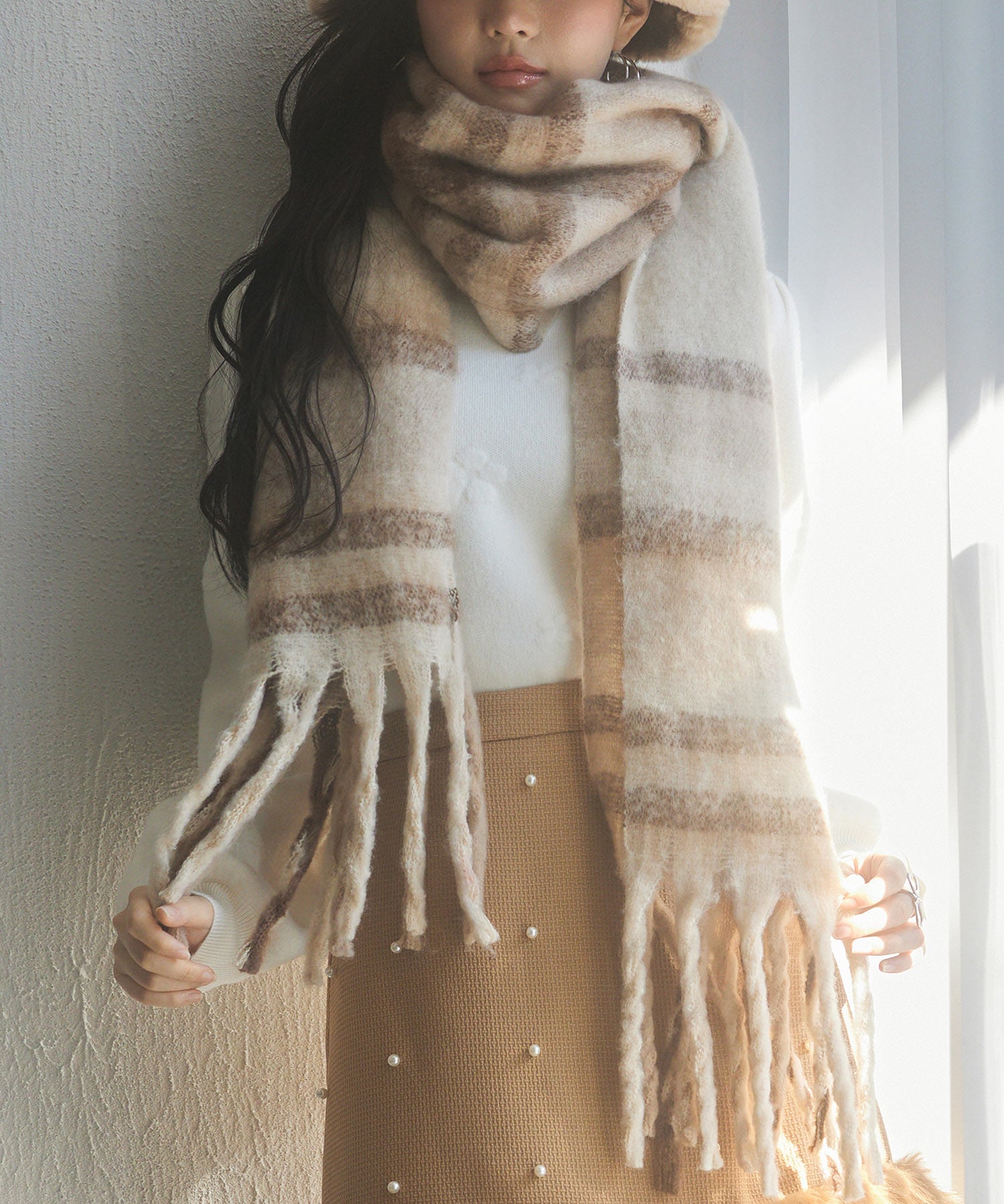 大判タイプなチェック柄マフラーsdpalywm04 ベージュ