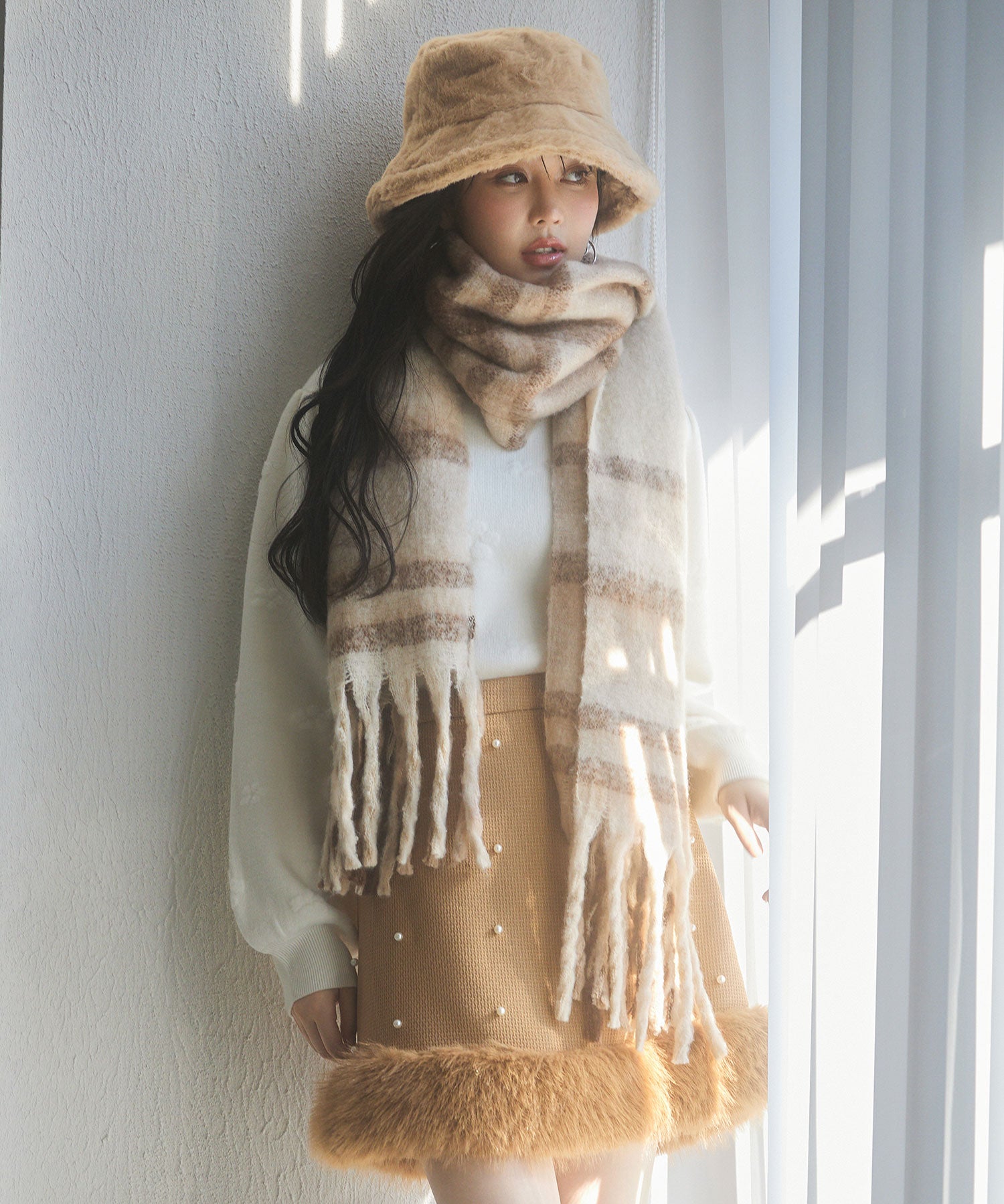 大判タイプなチェック柄マフラーsdpalywm04 ベージュ