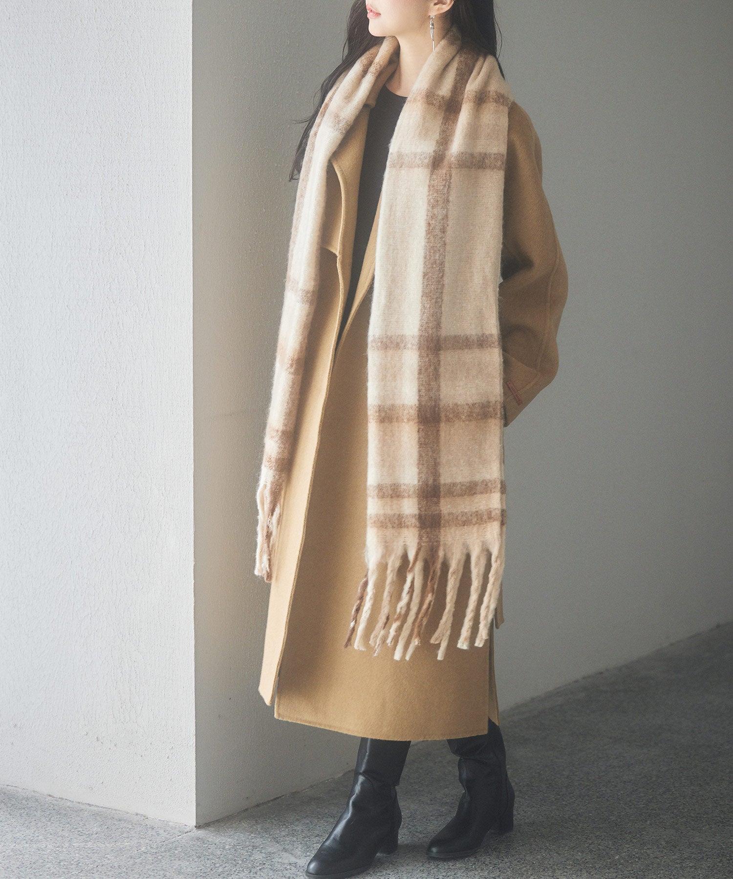 大判タイプなチェック柄マフラーsdpalywm04 ベージュ