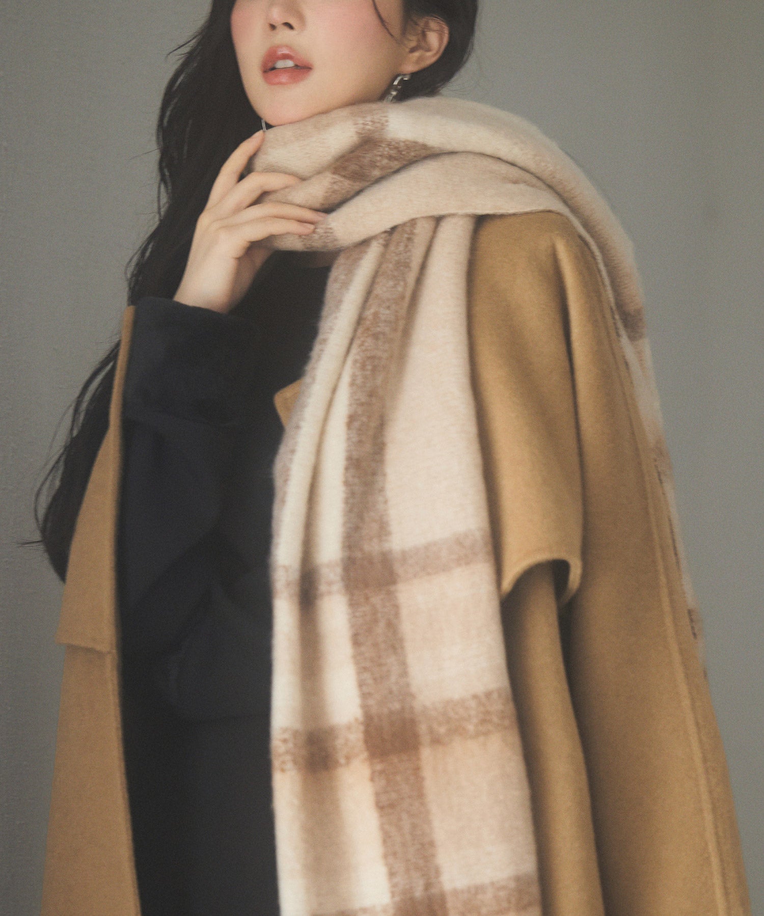 大判タイプなチェック柄マフラーsdpalywm04 ベージュ