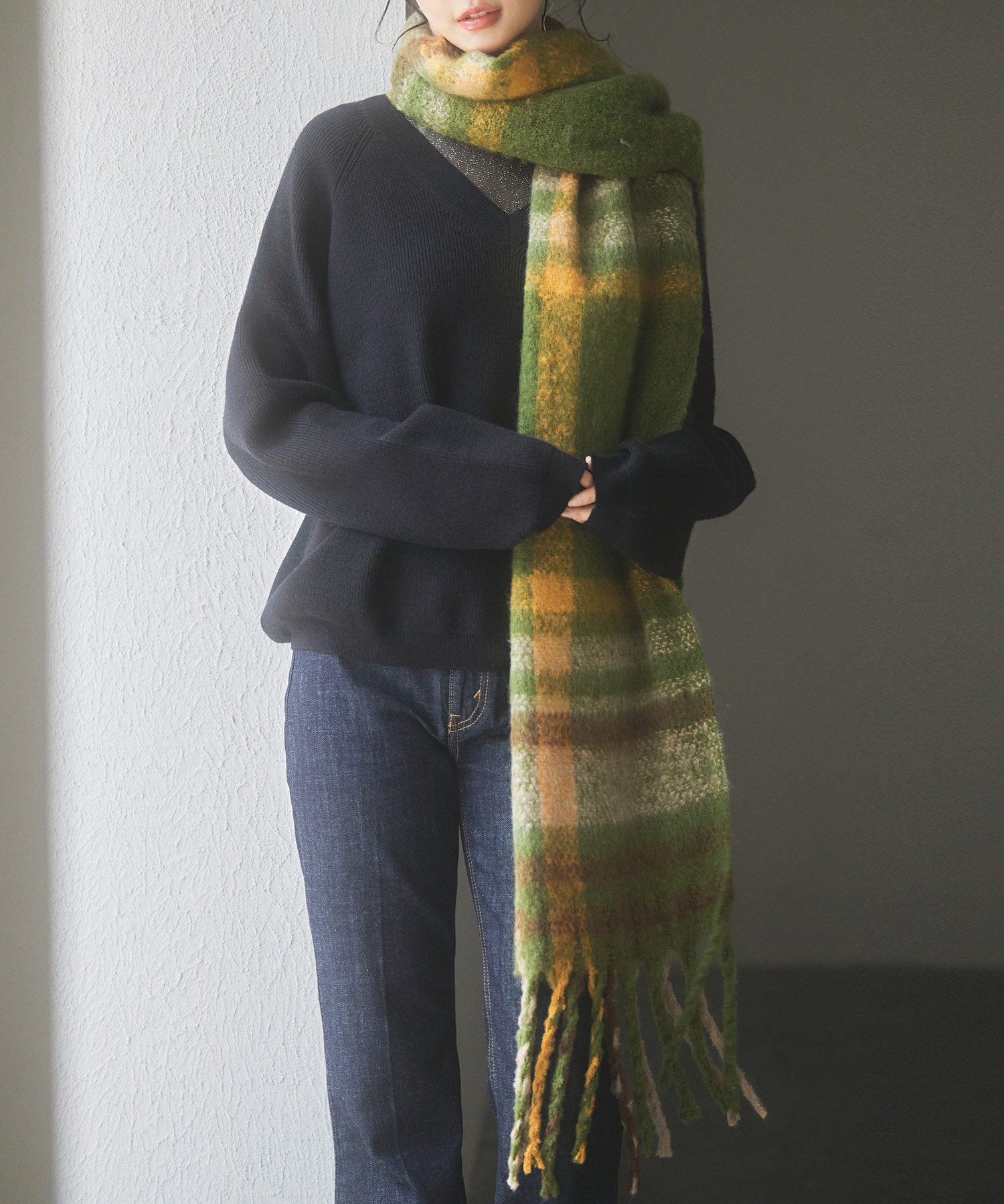 大判タイプなチェック柄マフラーsdpalywm04 グリーン