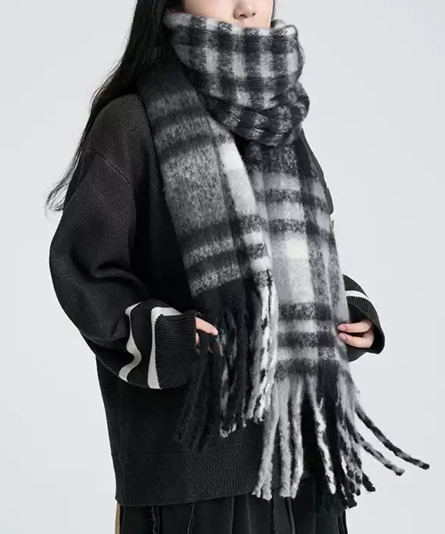 大判タイプなチェック柄マフラーsdpalywm04 ブラック