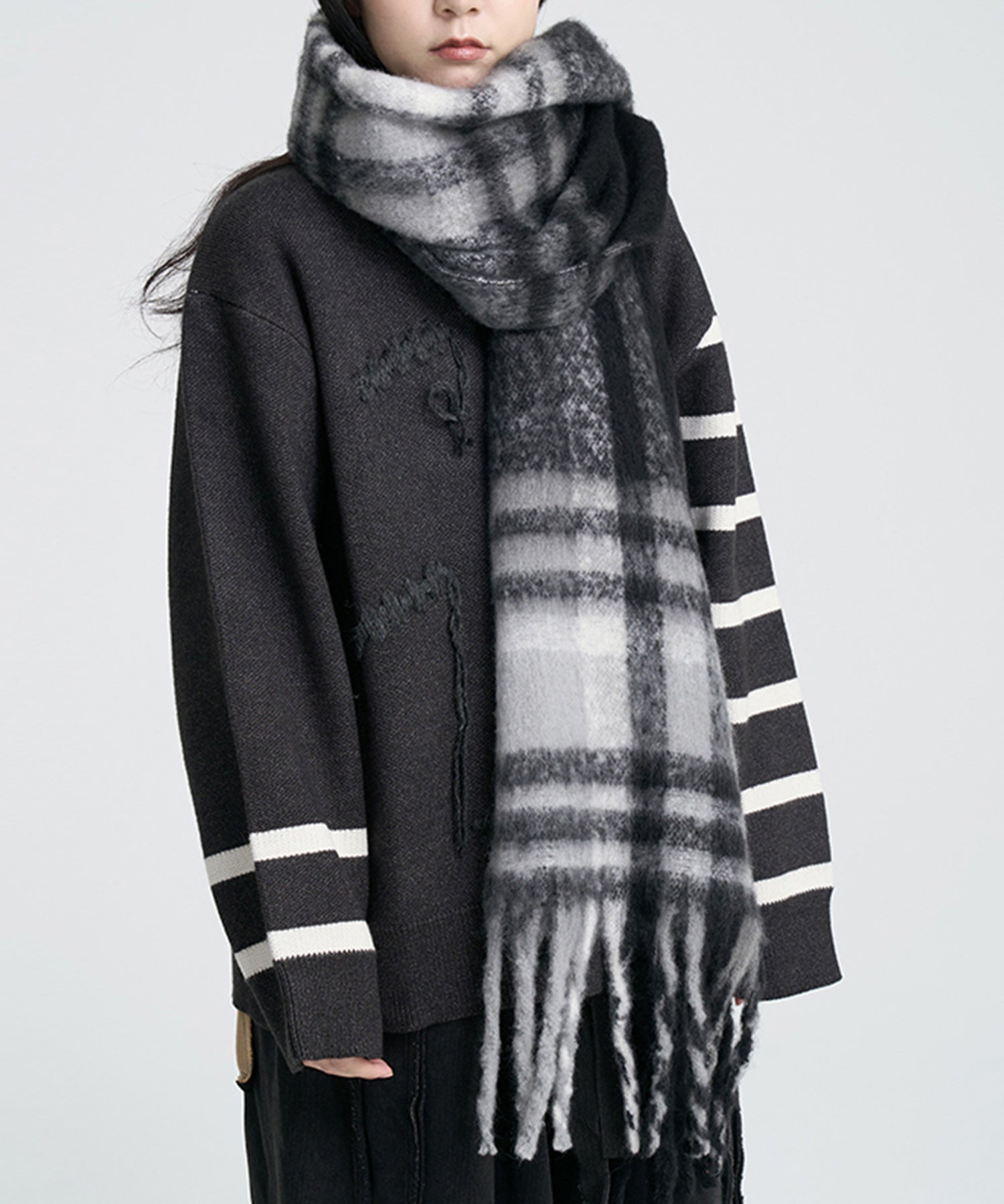 大判タイプなチェック柄マフラーsdpalywm04 ブラック