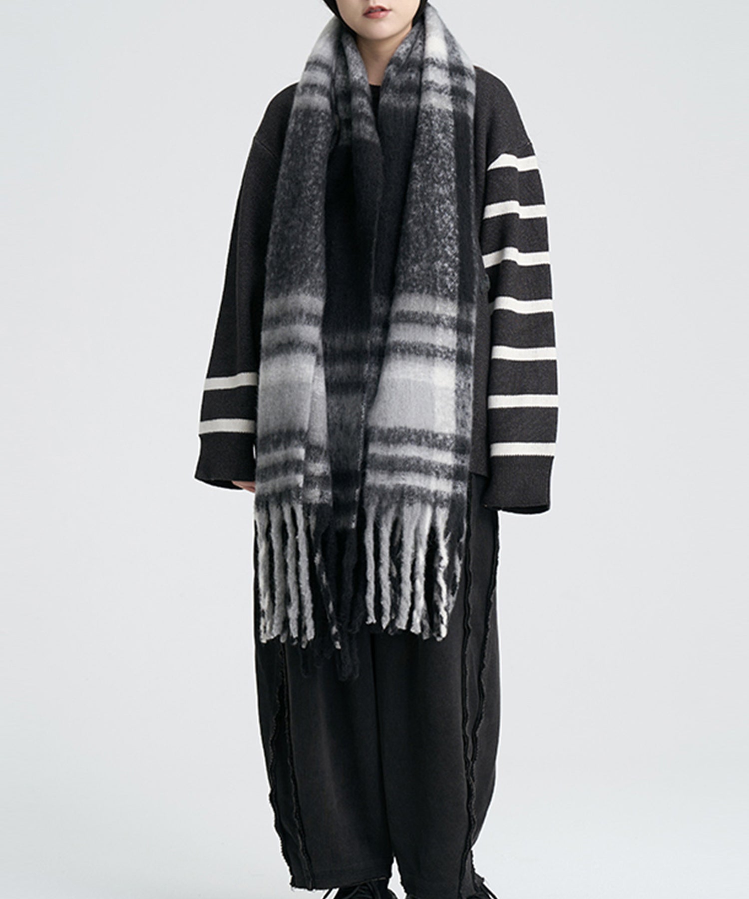 大判タイプなチェック柄マフラーsdpalywm04 ブラック