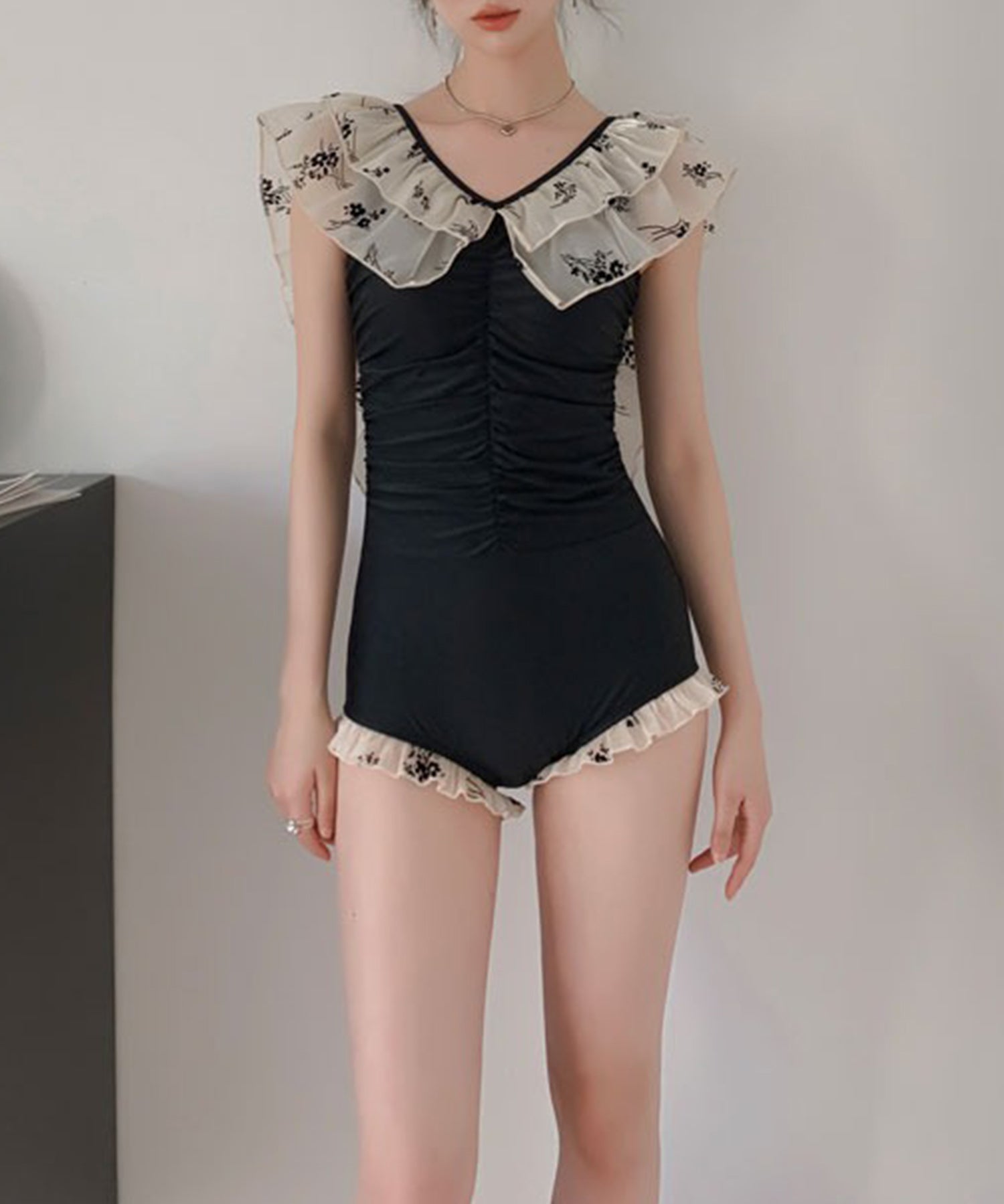 ダブルフリルネックバッククロス水着sdpalyy007 ブラック