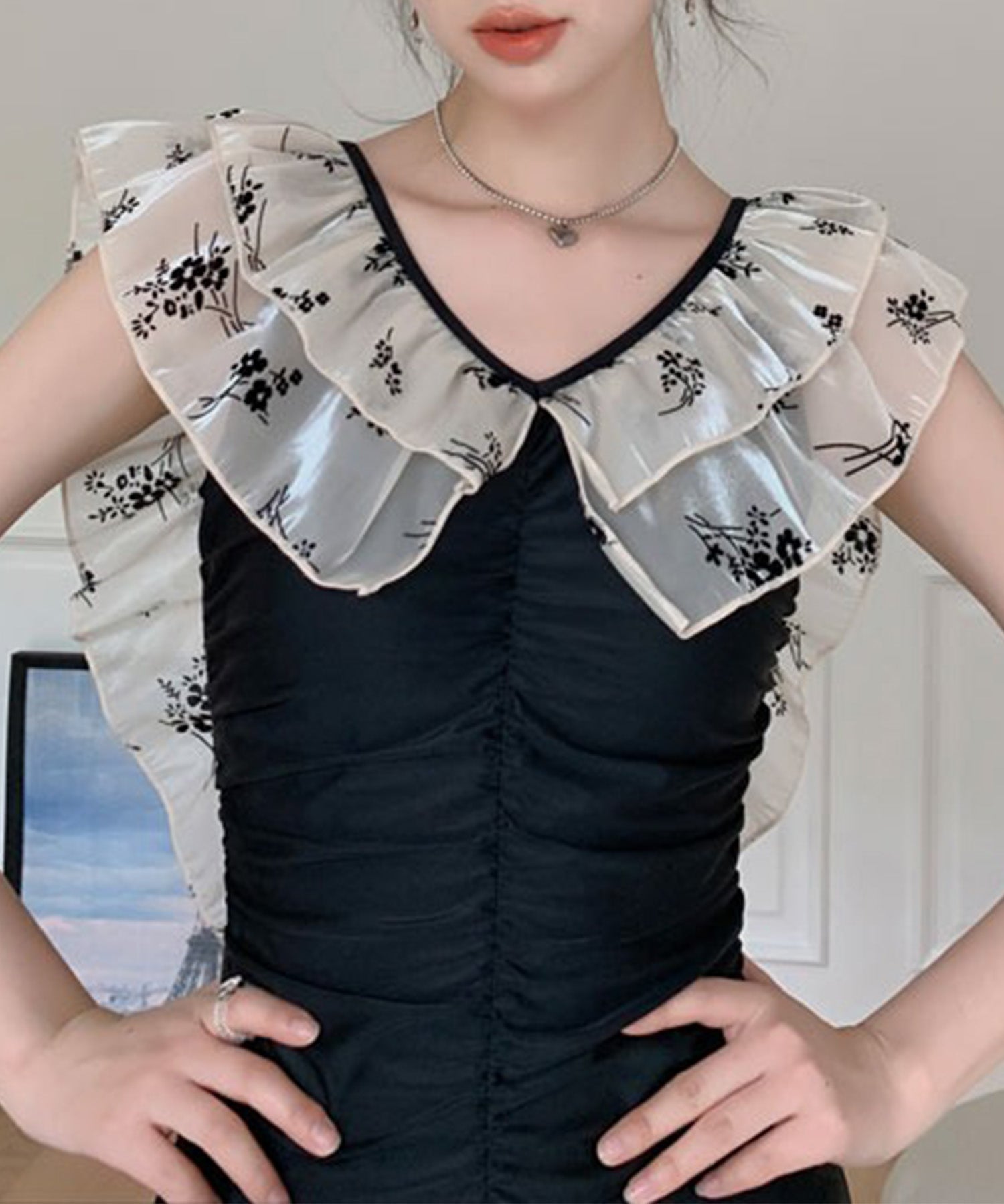 ダブルフリルネックバッククロス水着sdpalyy007 ブラック