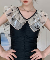 ダブルフリルネックバッククロス水着sdpalyy007 ブラック