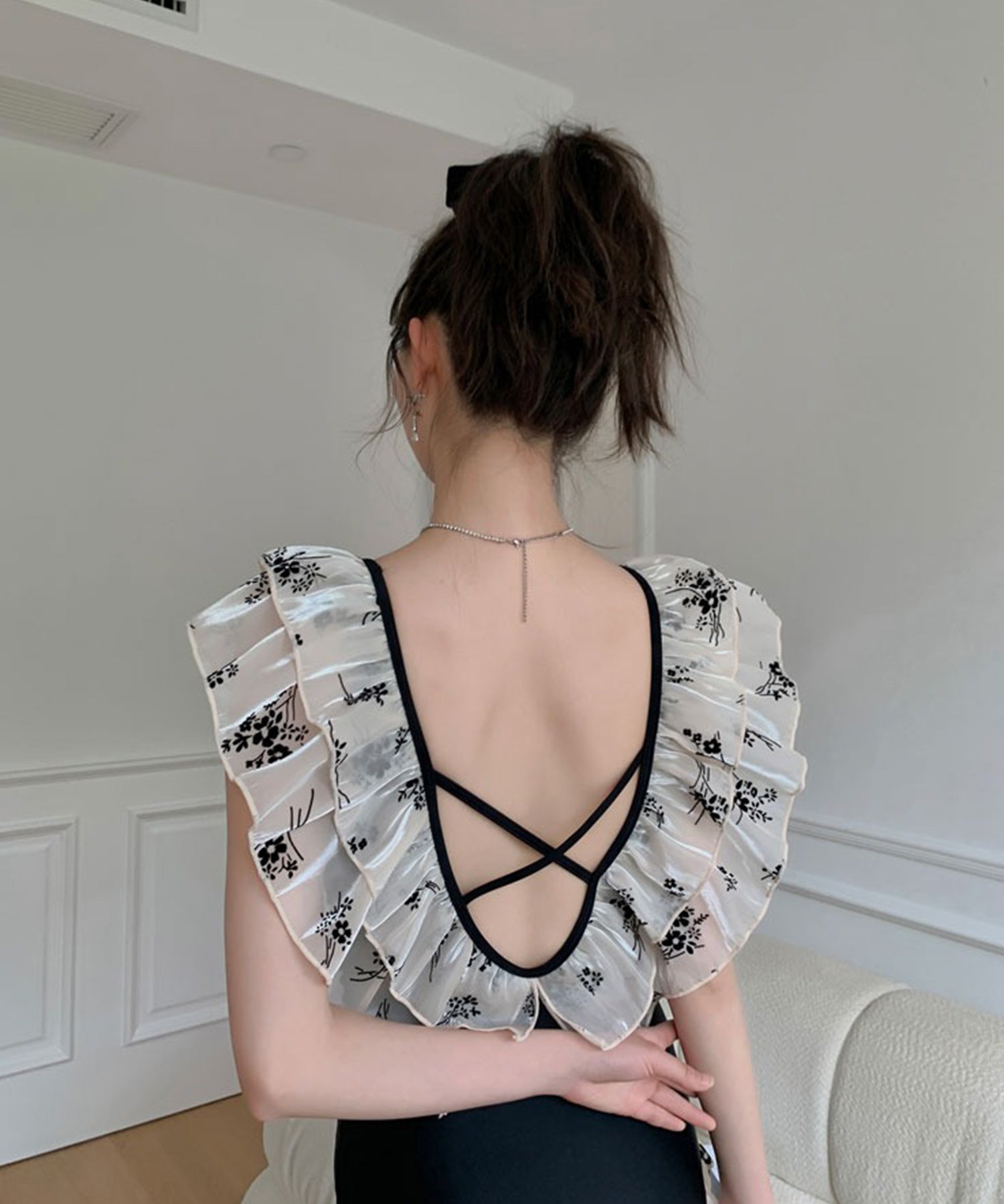 ダブルフリルネックバッククロス水着sdpalyy007 ブラック