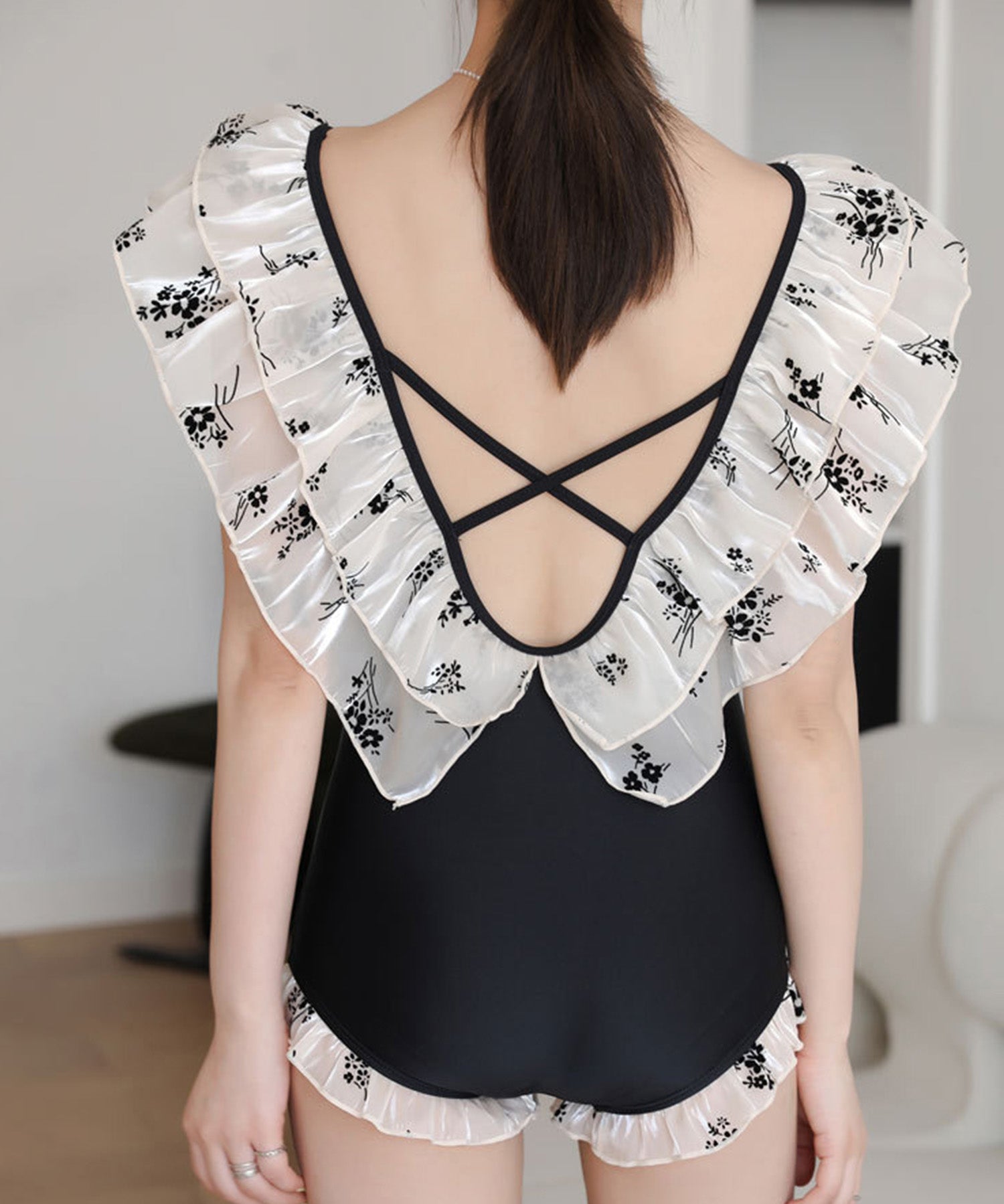 ダブルフリルネックバッククロス水着sdpalyy007 ブラック