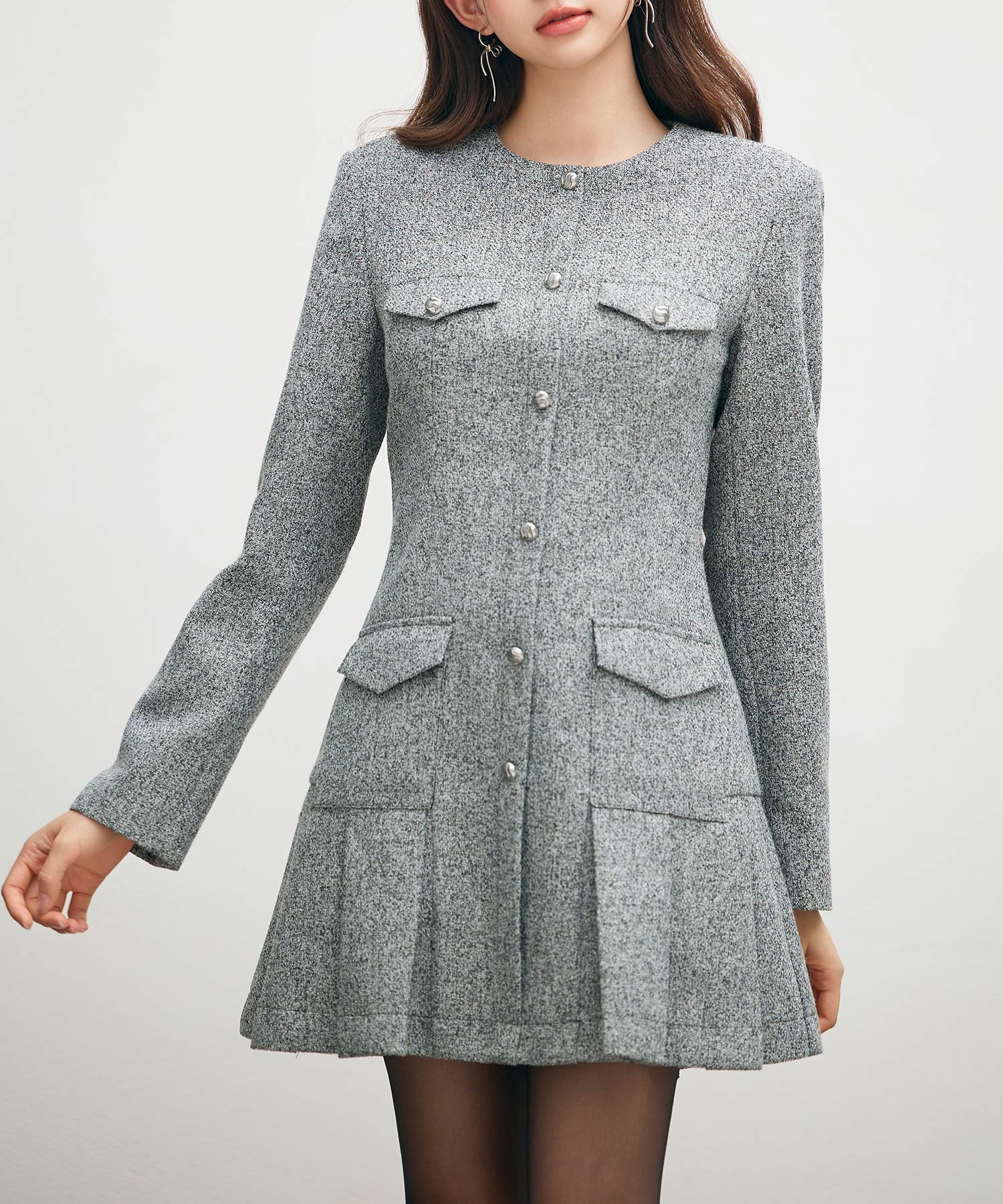 ローウエストミニ丈プリーツツイードワンピースsdpdy51985 グレー