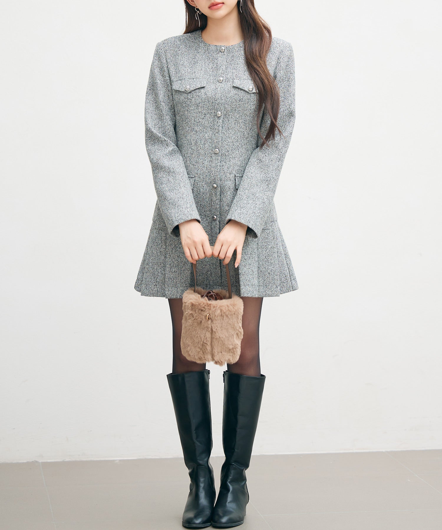 ローウエストミニ丈プリーツツイードワンピースsdpdy51985 グレー