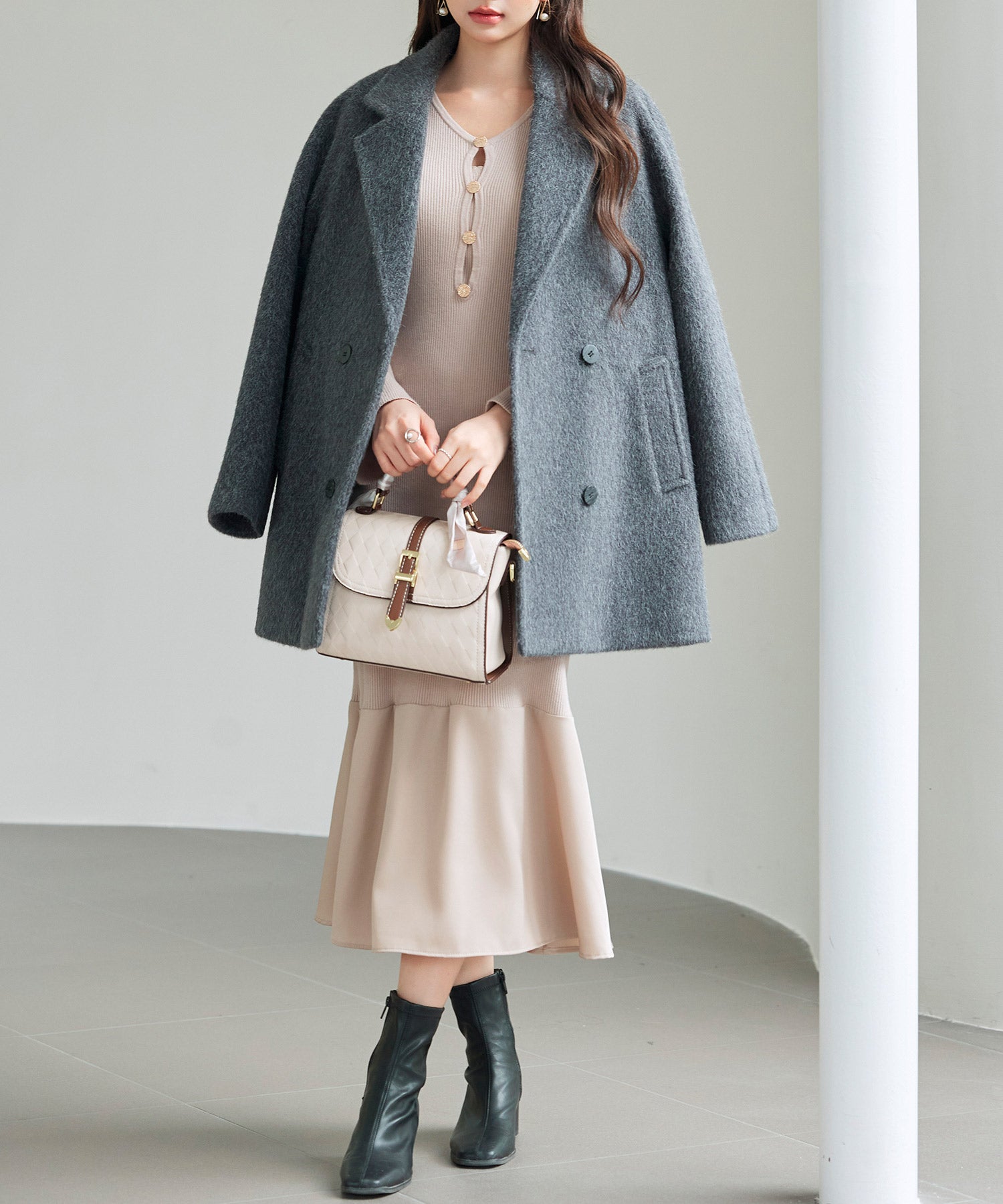 ダブルブレストテーラードウールライクジャケット/コートsdpdy5333 グレー