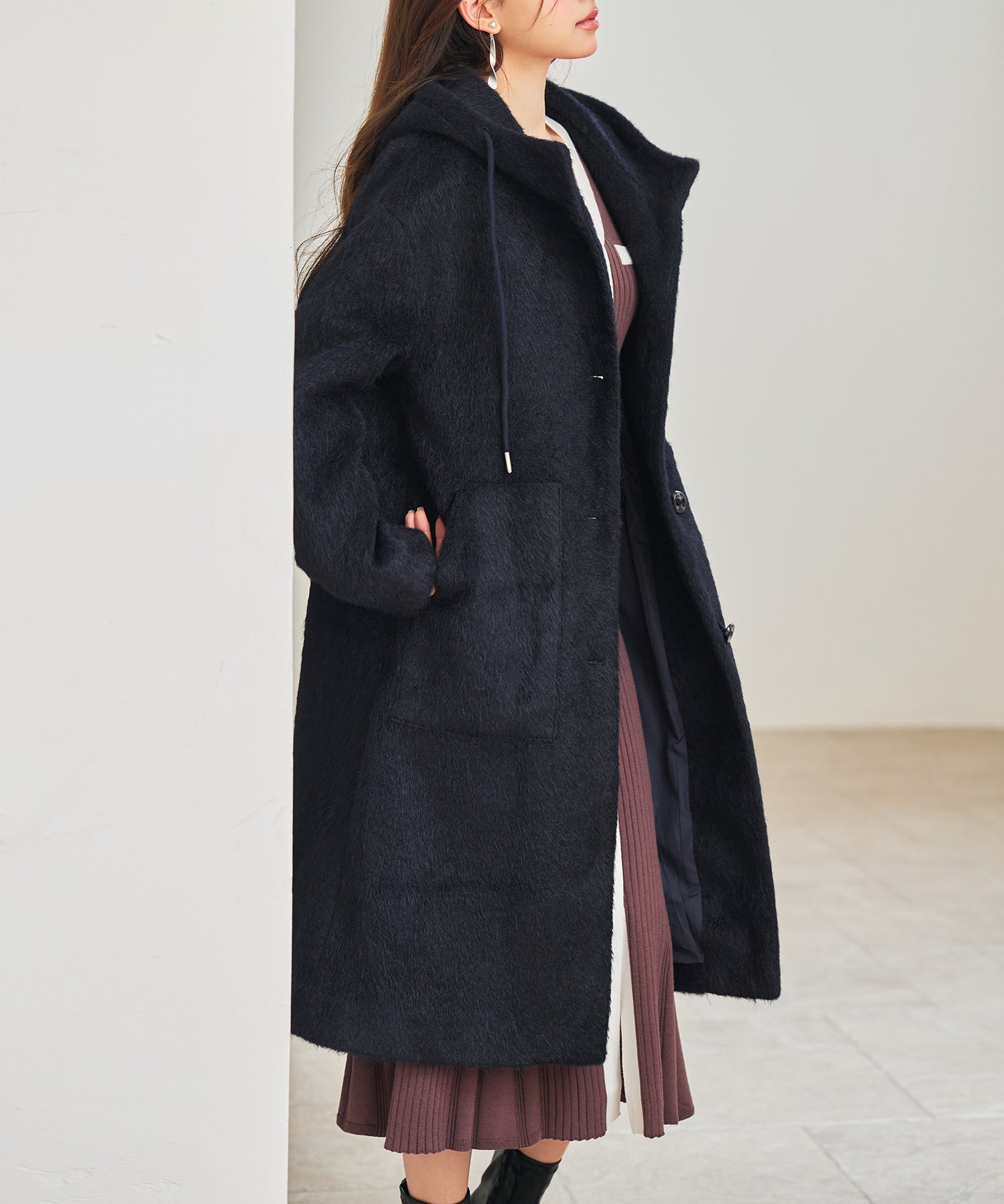 シャギーフード付きロングコートsdpdy5369 ネイビー