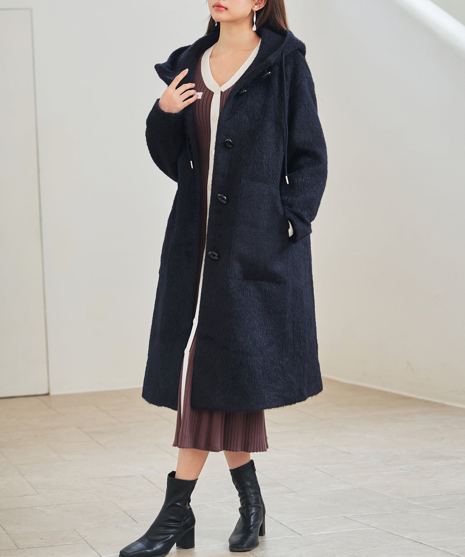 シャギーフード付きロングコートsdpdy5369 ネイビー