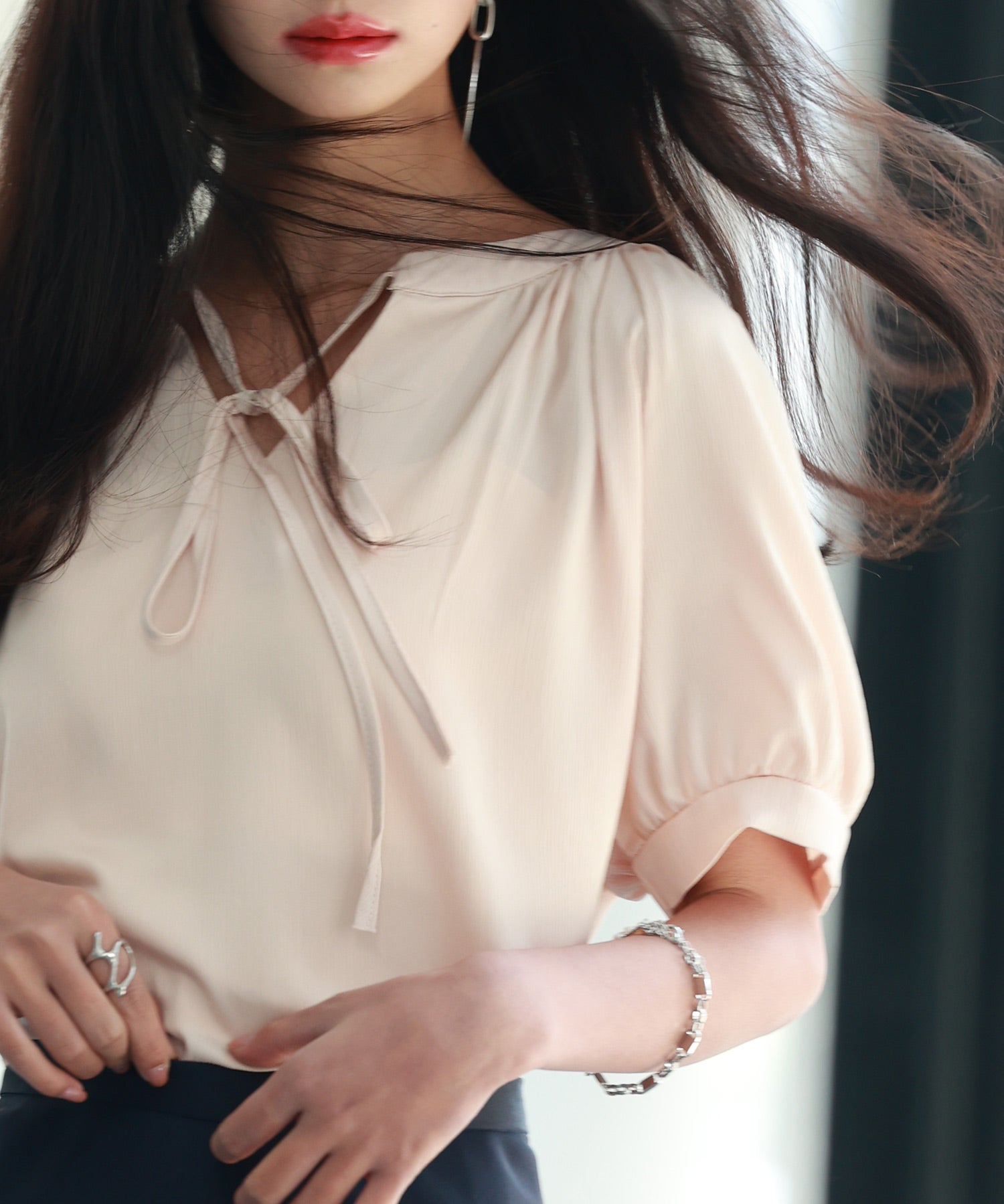 リボン襟ラグランスリーブ半袖ブラウスsdphxz1044 ベージュ