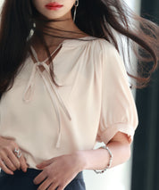リボン襟ラグランスリーブ半袖ブラウスsdphxz1044 ベージュ