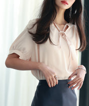 リボン襟ラグランスリーブ半袖ブラウスsdphxz1044 ベージュ