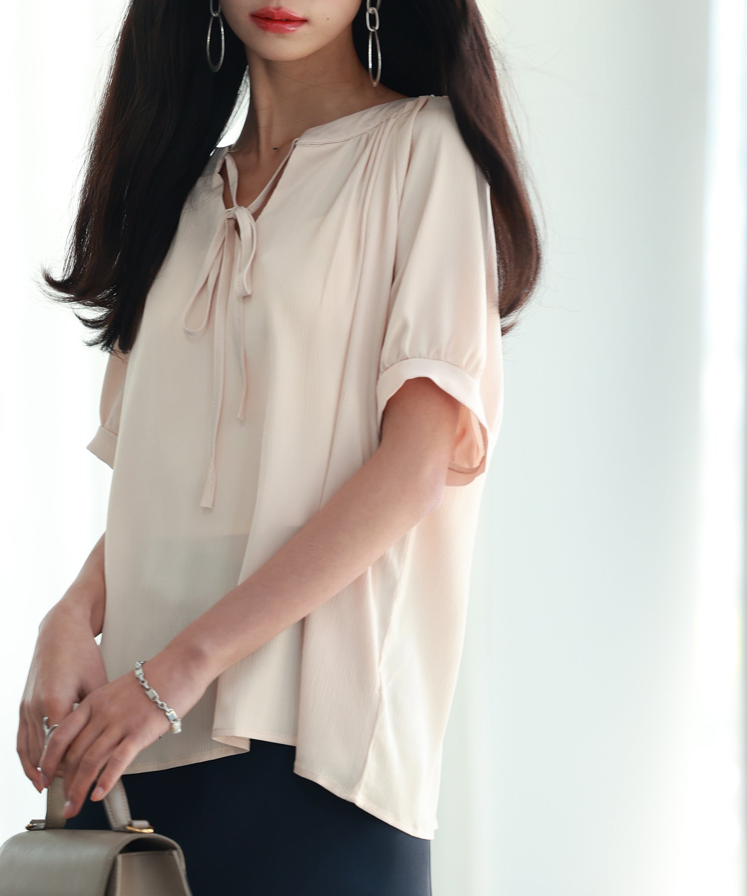 リボン襟ラグランスリーブ半袖ブラウスsdphxz1044 ベージュ