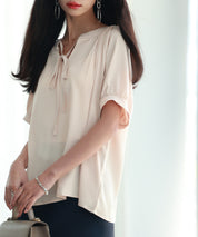 リボン襟ラグランスリーブ半袖ブラウスsdphxz1044 ベージュ