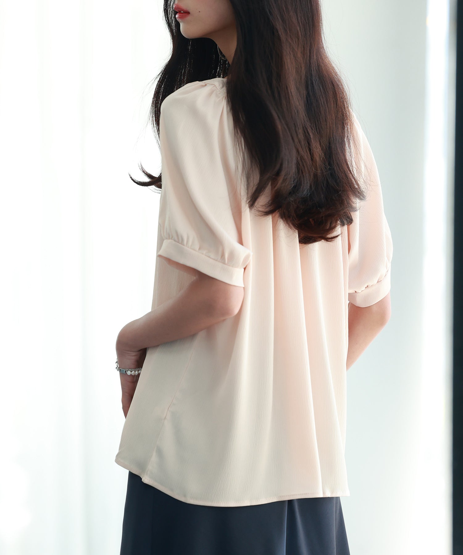 リボン襟ラグランスリーブ半袖ブラウスsdphxz1044 ベージュ