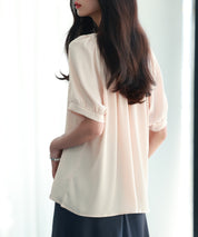 リボン襟ラグランスリーブ半袖ブラウスsdphxz1044 ベージュ
