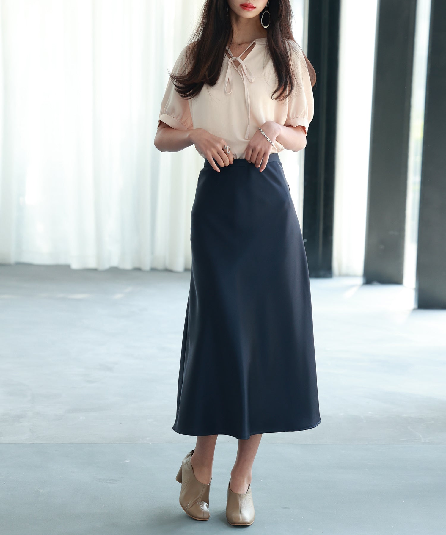 リボン襟ラグランスリーブ半袖ブラウスsdphxz1044 ベージュ