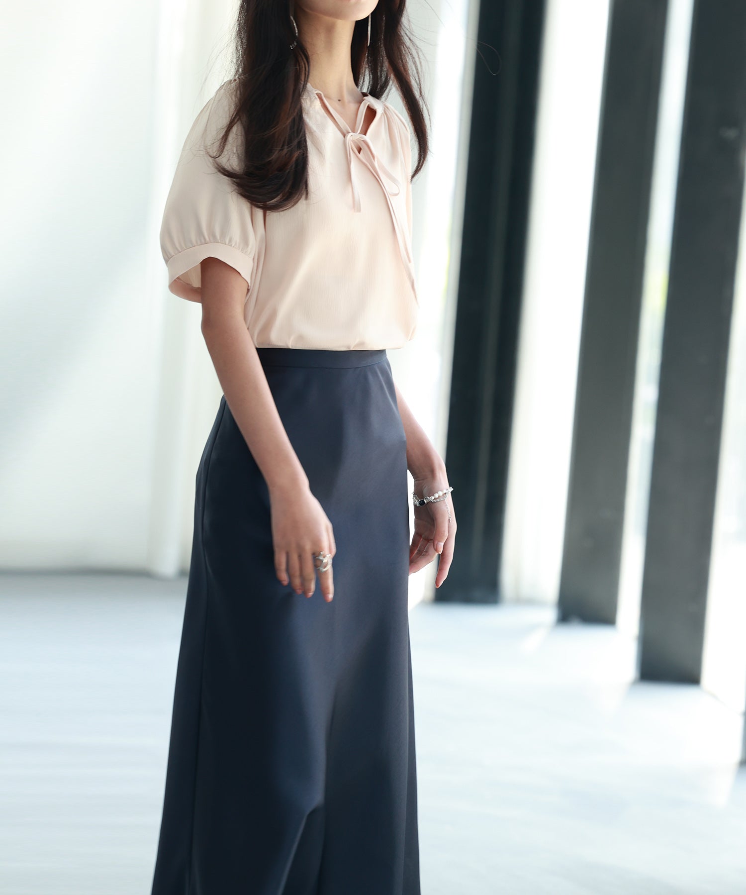 リボン襟ラグランスリーブ半袖ブラウスsdphxz1044 ベージュ