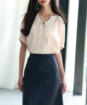 リボン襟ラグランスリーブ半袖ブラウスsdphxz1044 ベージュ