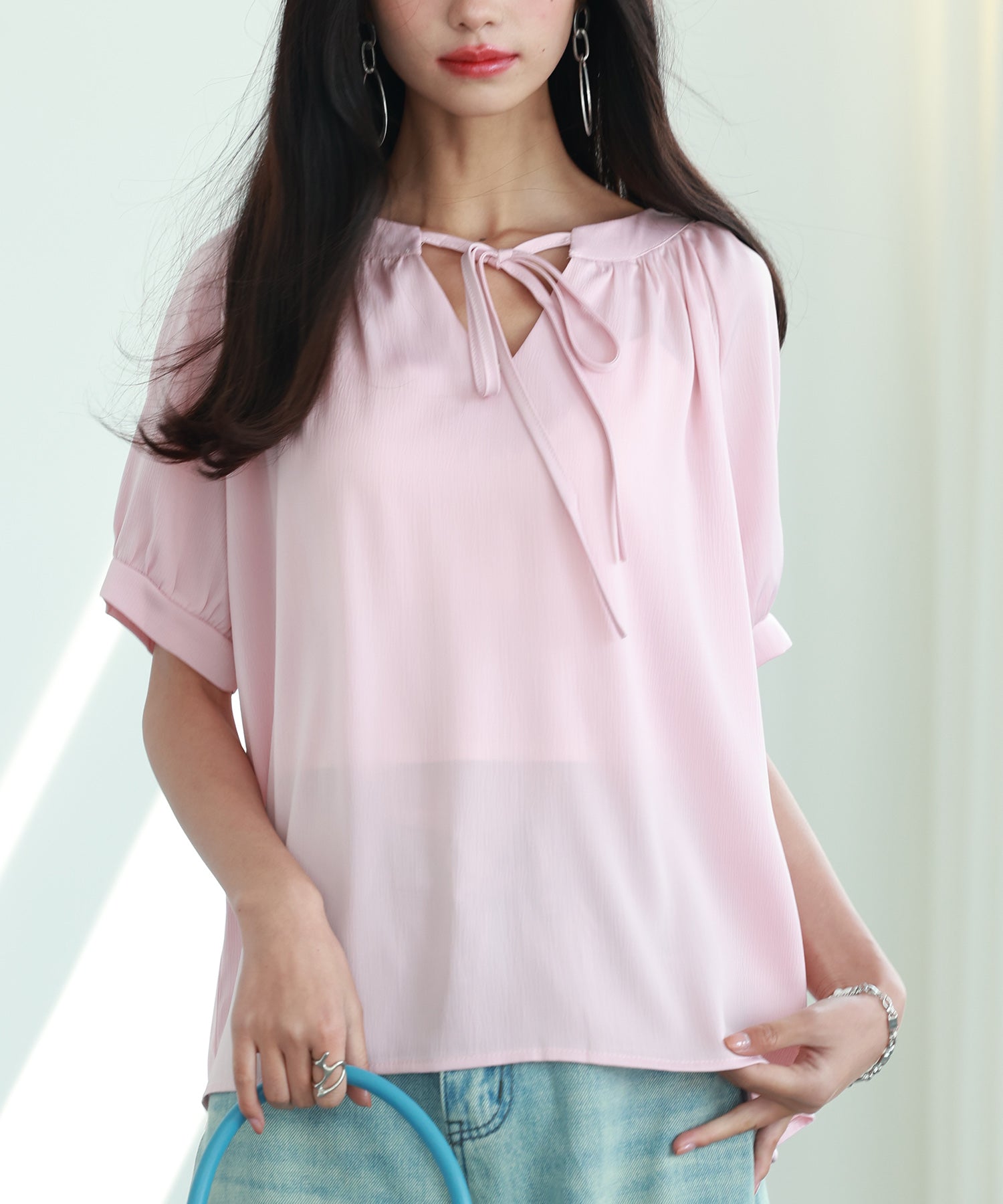 リボン襟ラグランスリーブ半袖ブラウスsdphxz1044-102-26