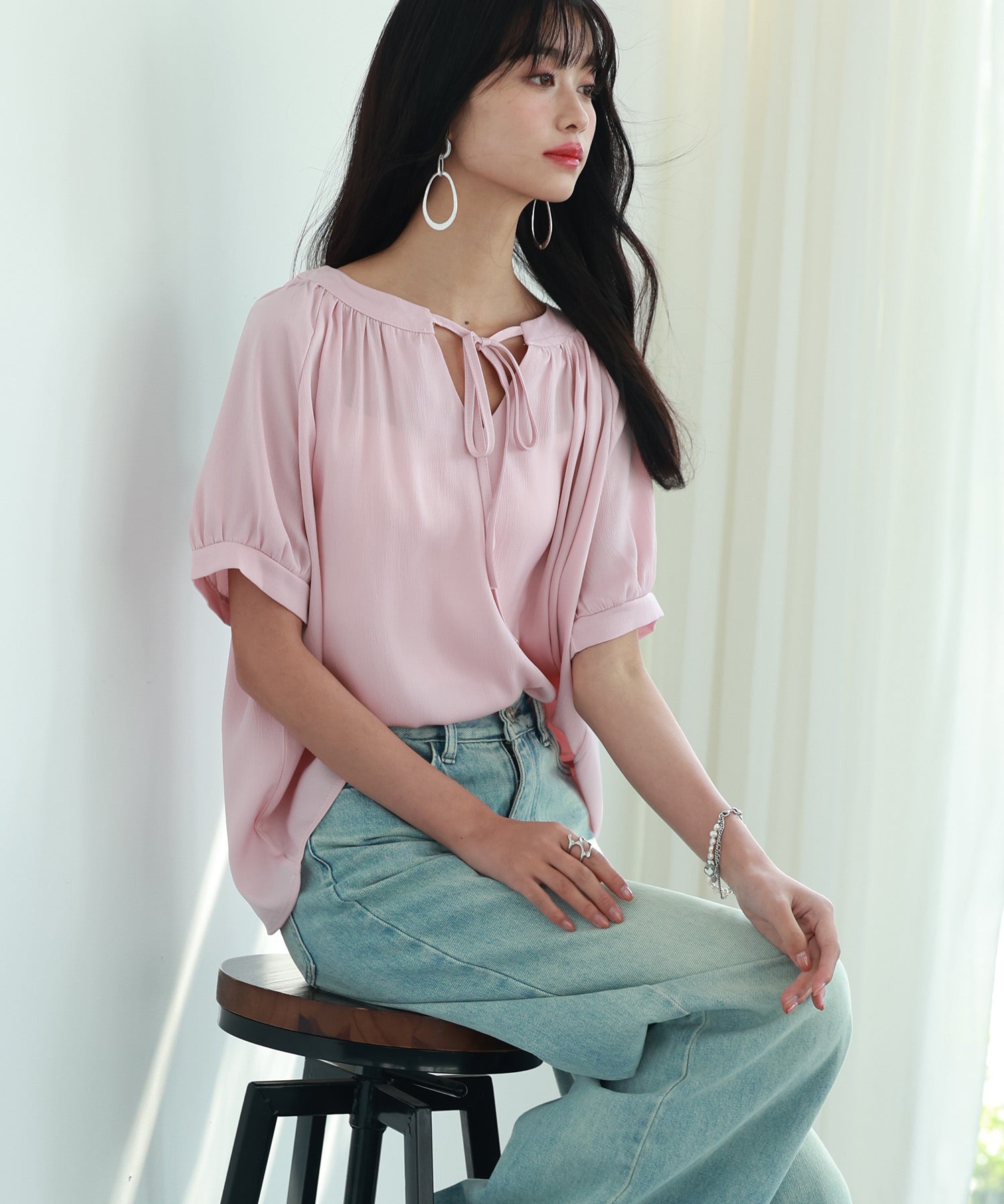 リボン襟ラグランスリーブ半袖ブラウスsdphxz1044 ピンク