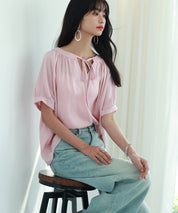 リボン襟ラグランスリーブ半袖ブラウスsdphxz1044 ピンク