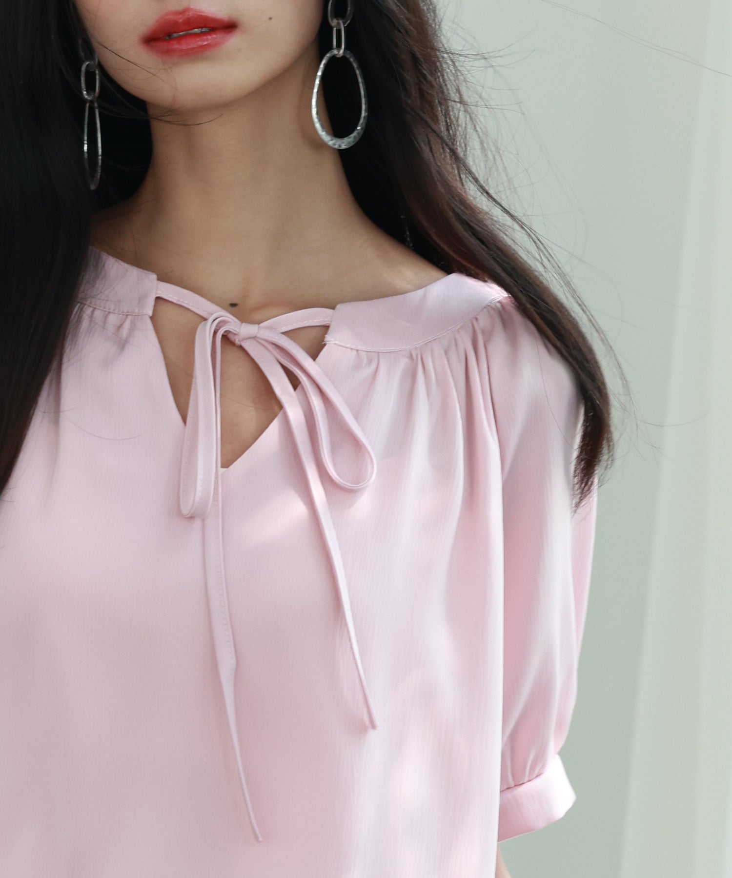 リボン襟ラグランスリーブ半袖ブラウスsdphxz1044 ピンク