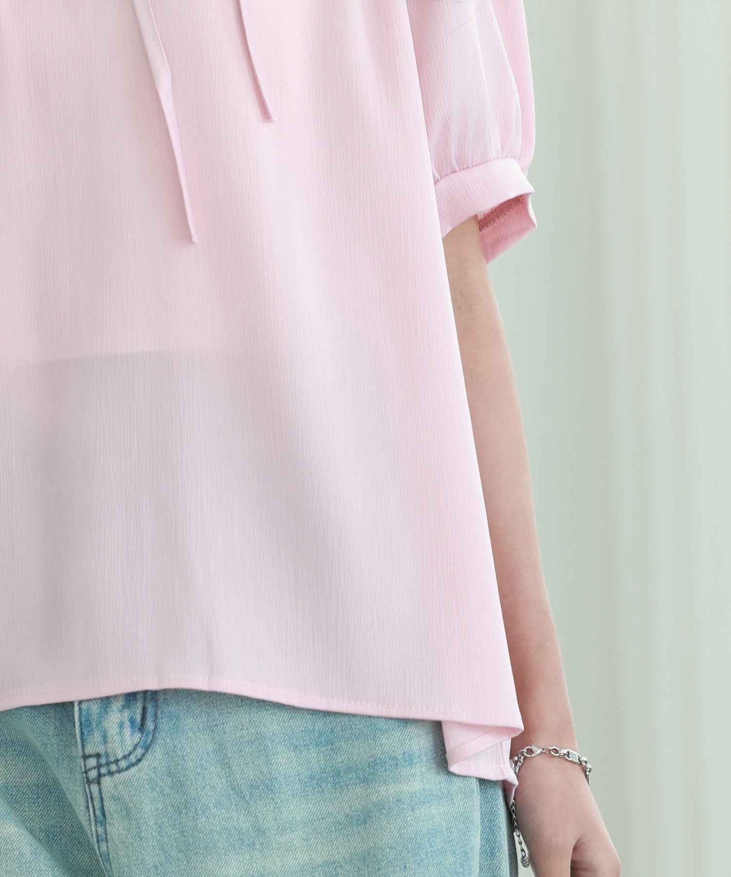 リボン襟ラグランスリーブ半袖ブラウスsdphxz1044 ピンク