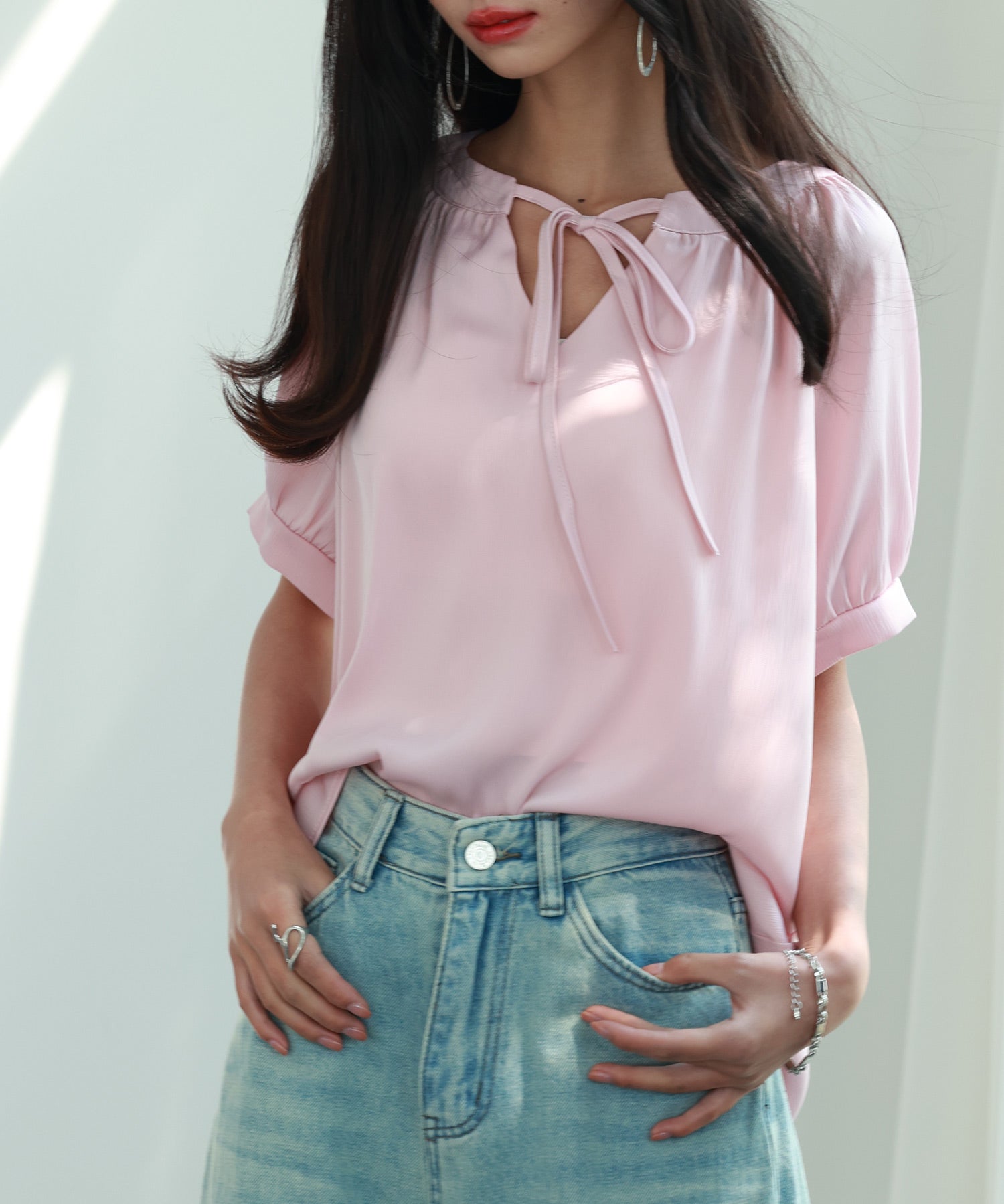 リボン襟ラグランスリーブ半袖ブラウスsdphxz1044 ピンク