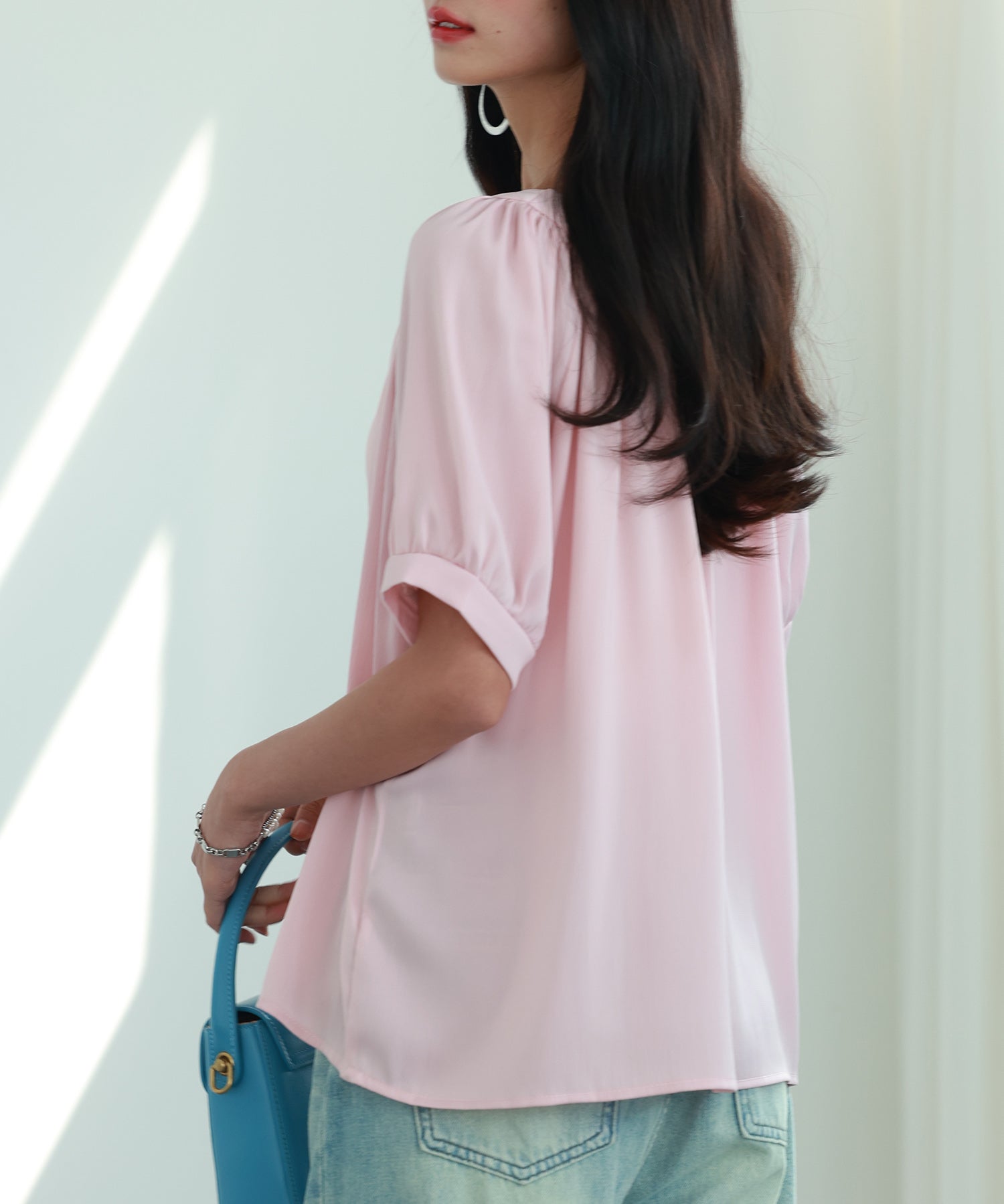 リボン襟ラグランスリーブ半袖ブラウスsdphxz1044 ピンク