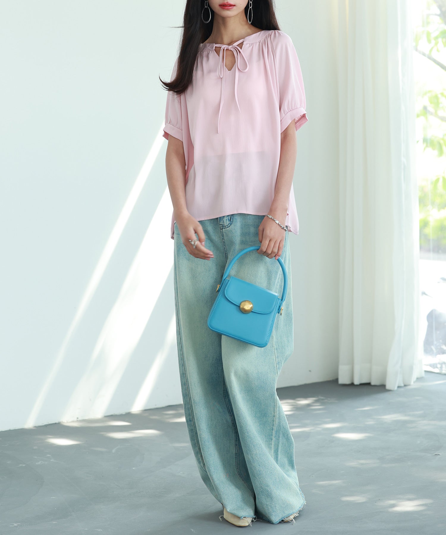 リボン襟ラグランスリーブ半袖ブラウスsdphxz1044 ピンク